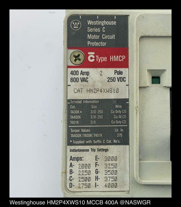 Westinghouse HM2P4XWS10 Motor Circuit Protector ~ 400 A