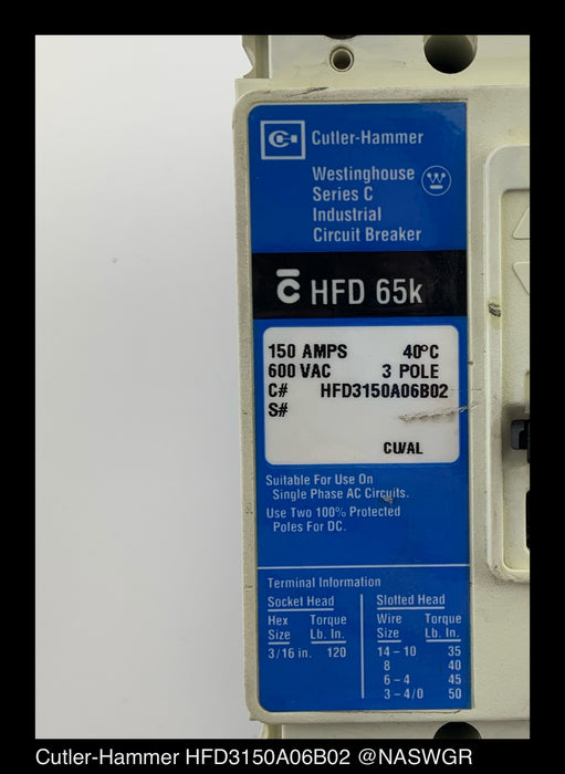 Cutler-Hammer HFD3150A06B02 Molded Case Circuit Breaker - 150A