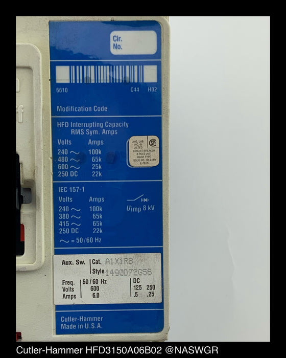 Cutler-Hammer HFD3150A06B02 Molded Case Circuit Breaker - 150A