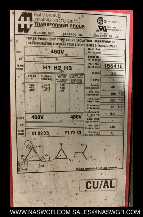 HAMMOND 156416 34 KVA Dry Type Transformer ,  460 volt isolation transformer