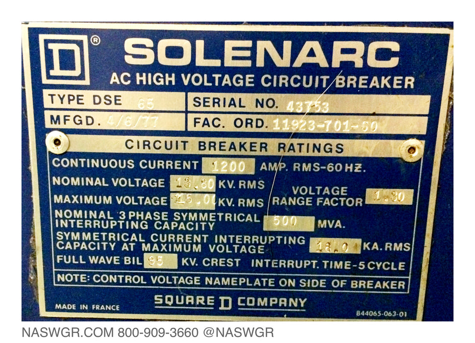 Square D SOLENARC DSE-65 Circuit Breaker (E/O,D/O) - 1200 Amp