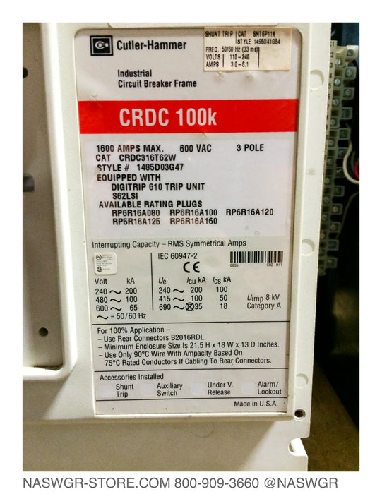 Cutler Hammer CRDC316T62W Molded Case Circuit Breaker - 1600 Amp