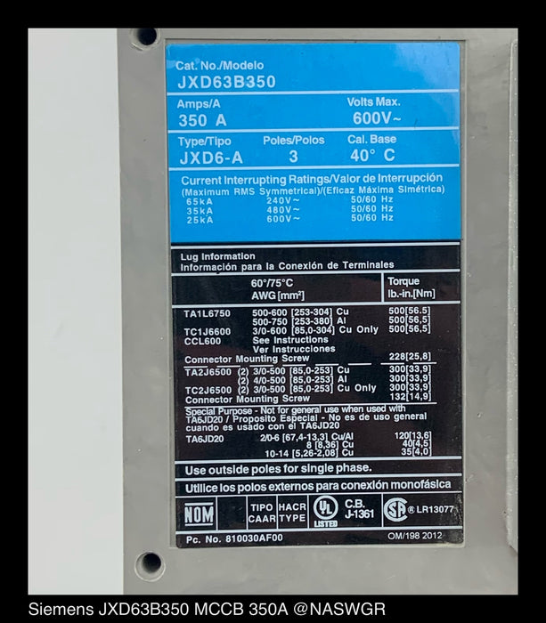 Siemens JXD63B350 Molded Case Circuit Breaker - 350 Amp