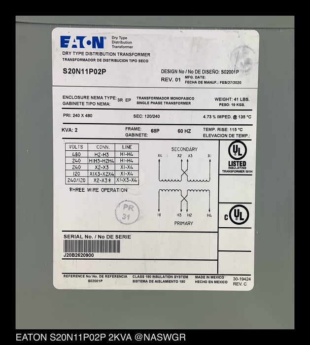 Eaton S20N11P02P Dry Type Distribution Transformer - 240x480:120/240v