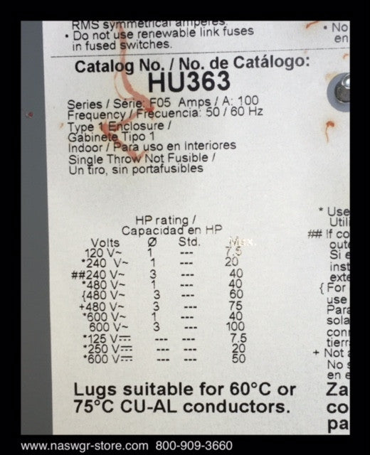HU363 ~ Unused Surplus Square D HU363 Heavy Duty Safety Switch