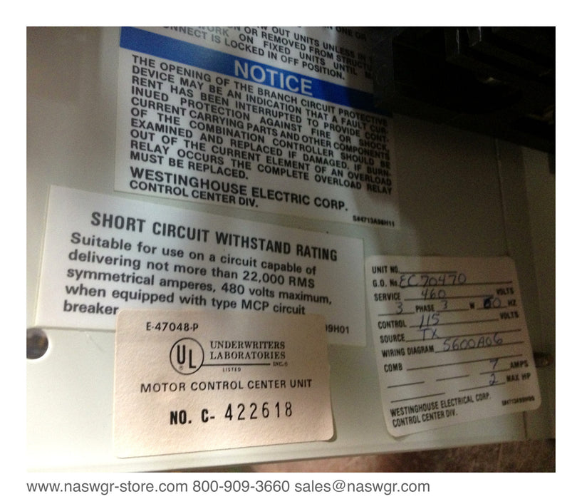 Westinghouse Five Star size 1 Combination MCC Bucket ~ MCP0150CR ~ A200M1CAC 12"