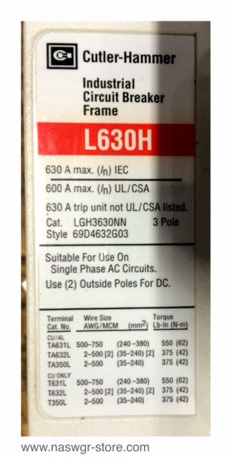Cutler-Hammer LGH3630NN Molded Case Circuit Breaker ~ 600 Amp - w/ Shunt Trip