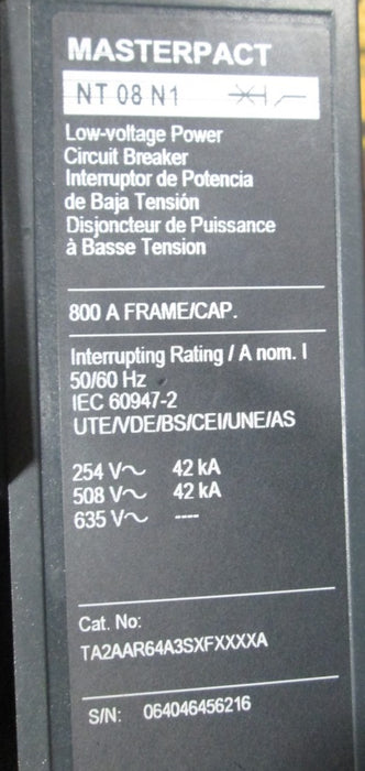 Square D Masterpact NT08N1 Circuit Breaker (M/O,D/O) - 800 Amp