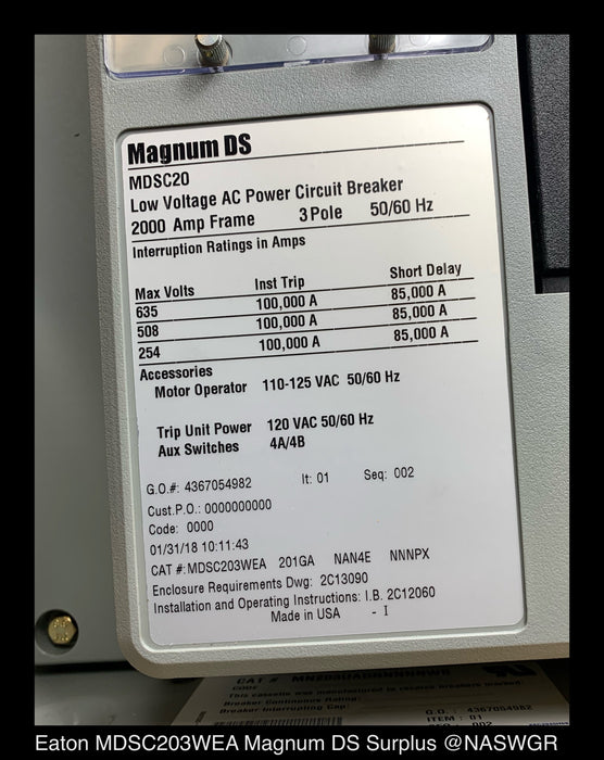 Eaton Magnum DS MDSC20 Circuit Breaker (E/O,D/O) - 2000 Amp - Unused
