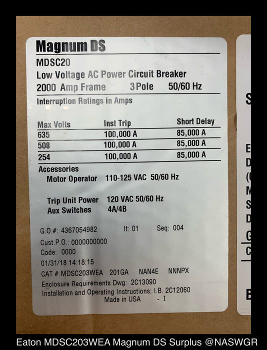 Eaton Magnum DS MDSC20 Circuit Breaker (E/O,D/O) - 2000 Amp - Unused
