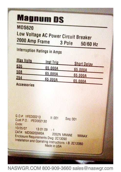 Eaton Magnum DS MDS620 Circuit Breaker (M/O,D/O) - 2000 Amp