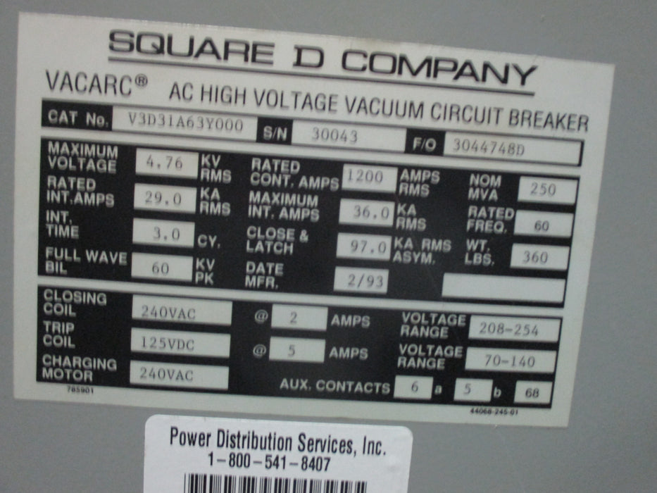 V3D31A63Y000 Square D AC High Voltage Vacuum Circuit Breaker