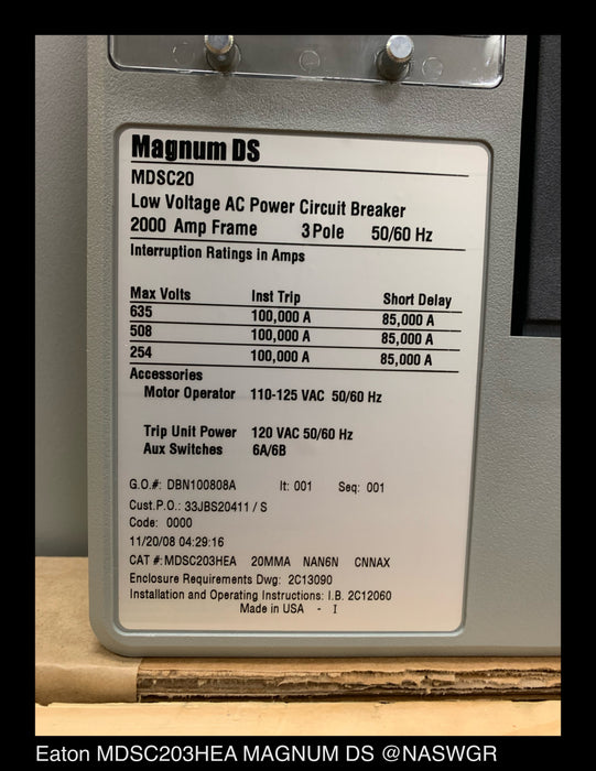 Eaton Magnum DS MDSC20 Circuit Breaker (E/O,B/I) - 2000 Amp - Unused
