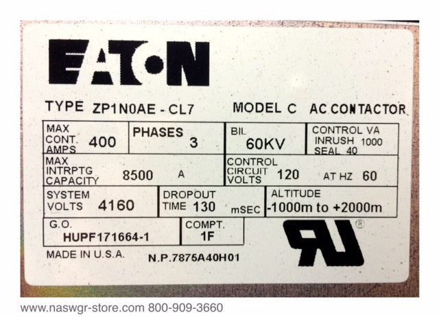 ZP1N0AE-CL7 ~ Eaton Cutler-Hammer ZP1N0AE-CL7 Contactor 400 Amp