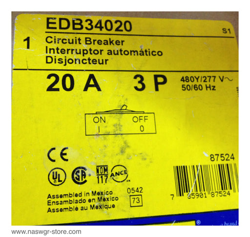 Square D EDB34020 Molded Case Circuit Breaker - 20 Amp - Unused