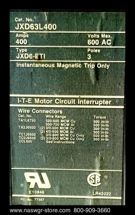 ITE JXD63L400 Molded Case Circuit Breaker - 400 Amp
