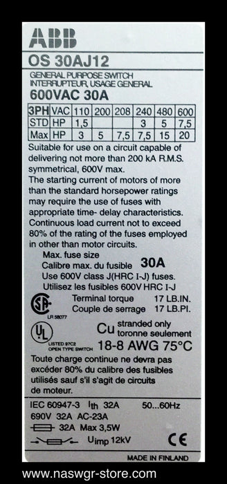 ABB OS 30AJ12 General Purpose Switch ~ 30 Amp