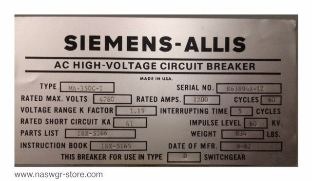 Siemens-Allis MA-350C-1 AC High Voltage Circuit Breaker (E/O,D/O) - 1200 Amp