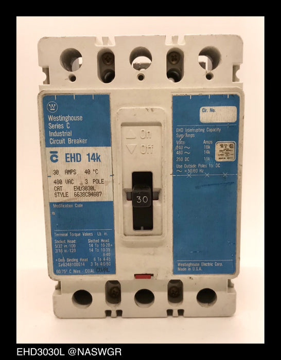 Westinghouse EHD3030L Molded Case Circuit Breaker - 30 Amp - Tested/1Yr Warranty