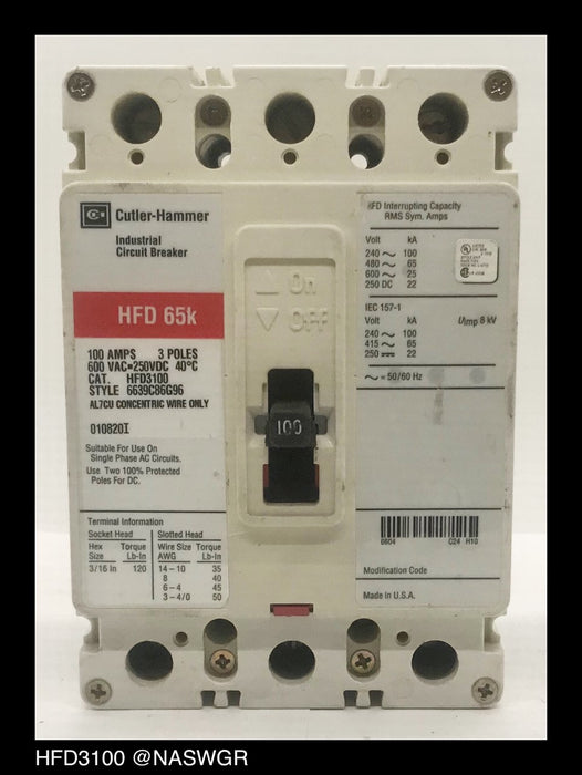 A Cutler Hammer HFD3100 molded case circuit breaker with a 100 amp rating, showing the front view with the model number, brand name, and interrupt rating.