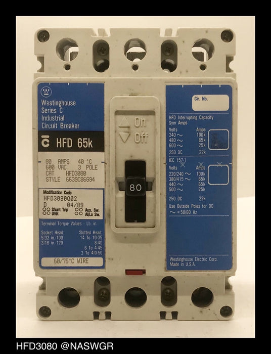 Westinghouse HFD3080 Molded Case Circuit Breaker - 80 Amp
