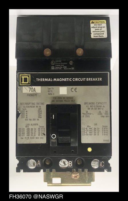 Square D FH36070 Molded Case Circuit Breaker ~ 70 Amp