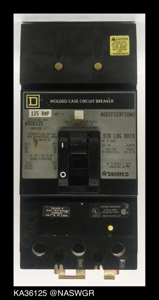 Square D KA36125 Molded Case Circuit Breaker ~ 125 Amp
