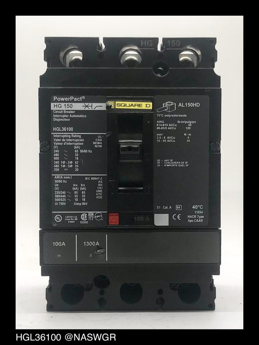 Square D HGL36100 Molded Case Circuit Breaker - 100 Amp