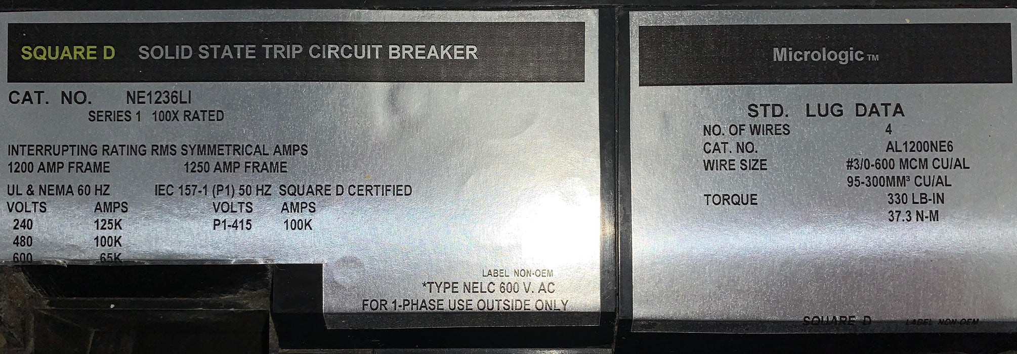 Square D NE1236LI Molded Case Circuit Breaker -1200 Amp